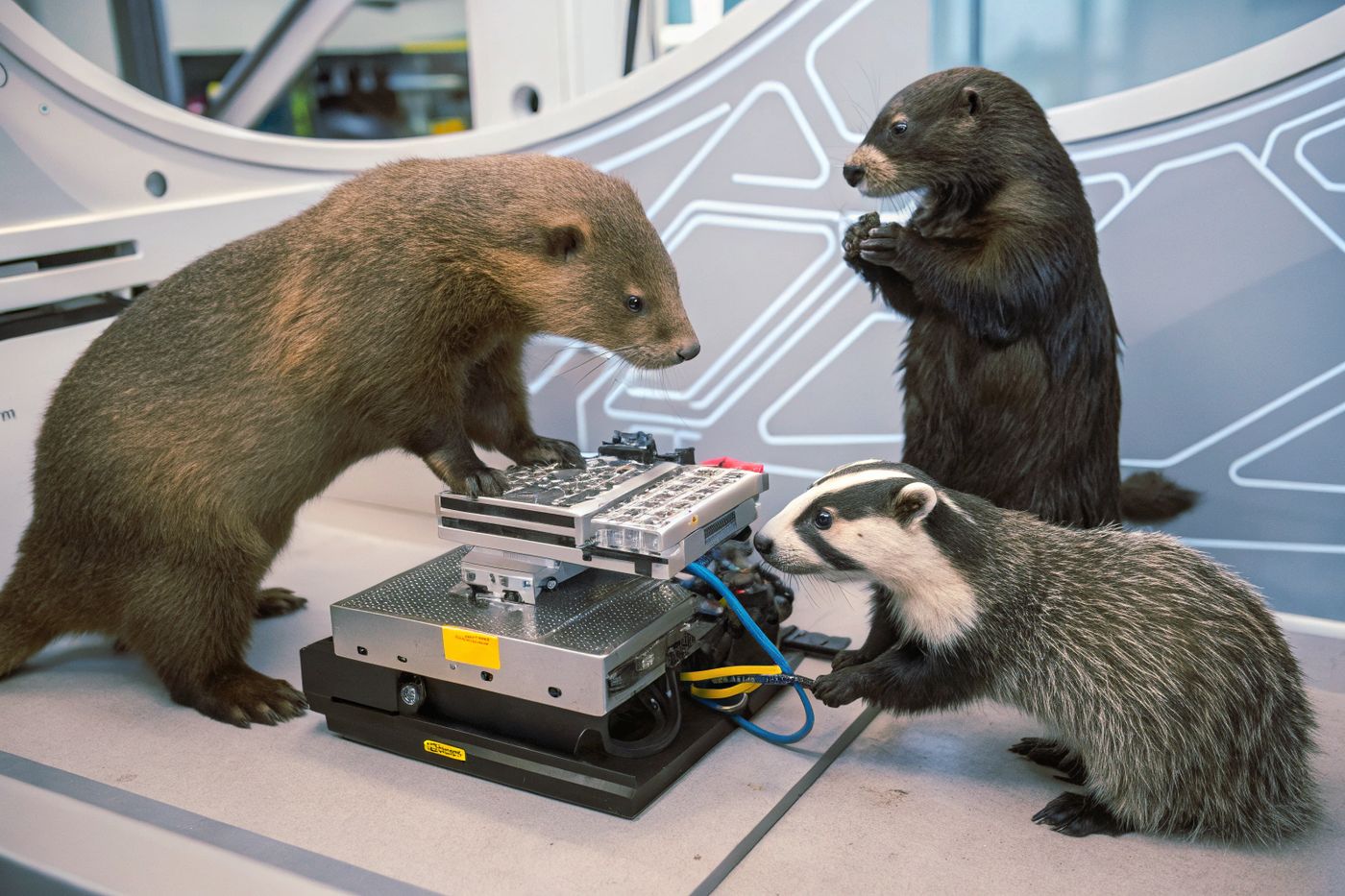 A beaver, otter, and badger each using a complex machine in their own style, representing different AI adoption strategies.