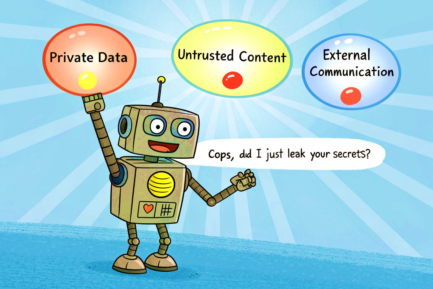 A mischievous-looking AI robot juggling data, made with recraft.ai