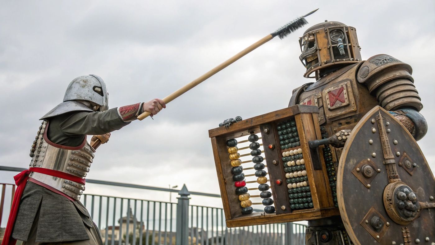 A knight with a paintbrush jousts with a robot holding an abacus.