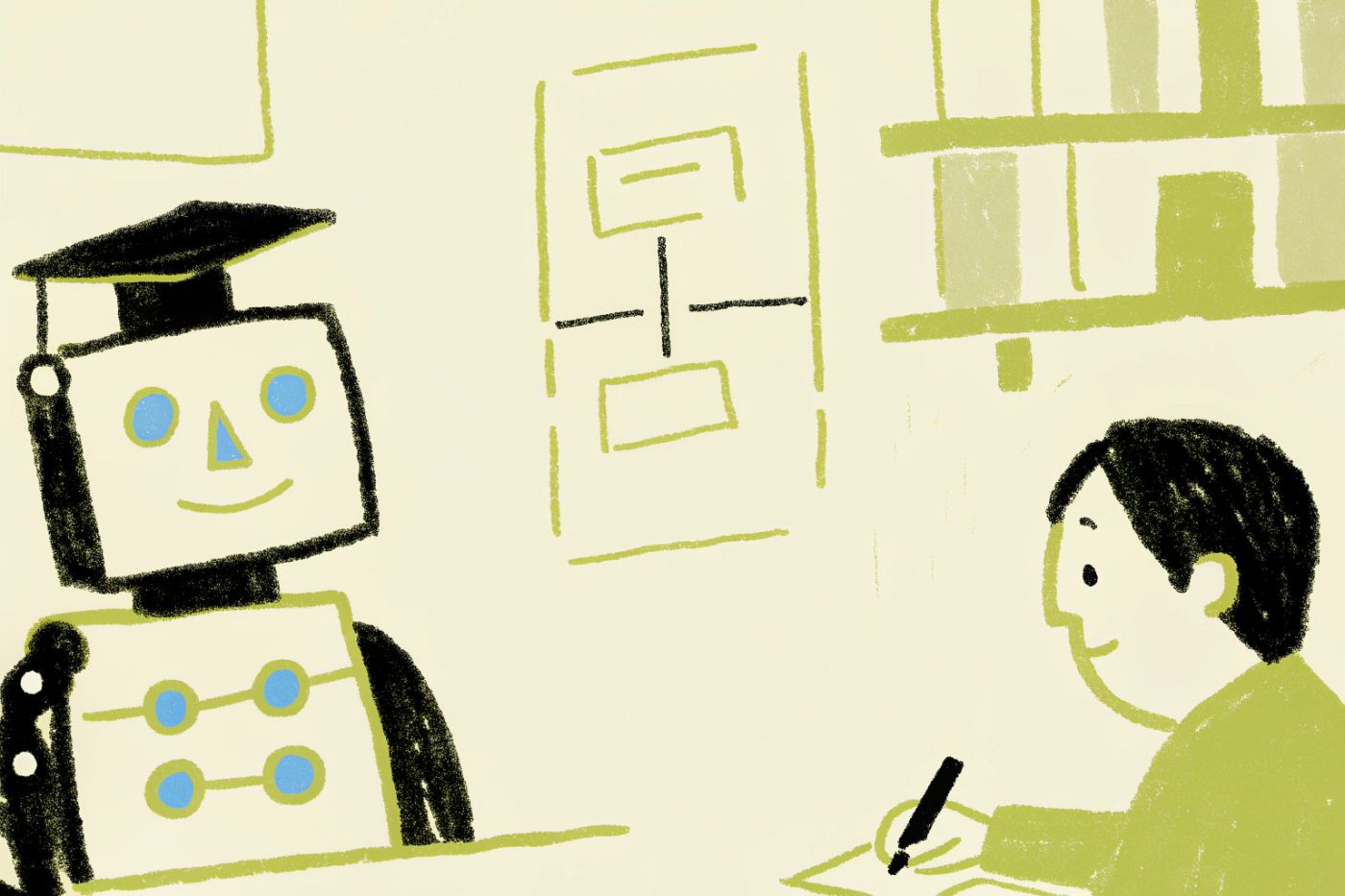 An illustration of a friendly robot tutor teaching a student about systems engineering.