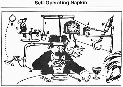 A Rube Goldberg cartoon depicting a complex, convoluted machine designed simply to wipe a person's mouth with a napkin.