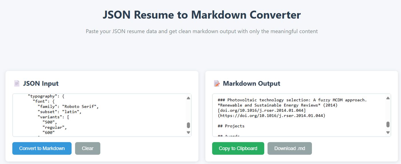 Screenshot of the Reactive Resume JSON to Markdown converter web application.