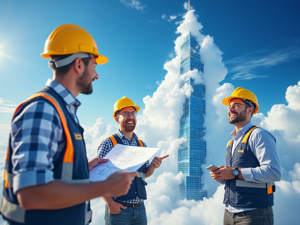 An illustration showing construction workers listening to a developer's plan for a skyscraper.