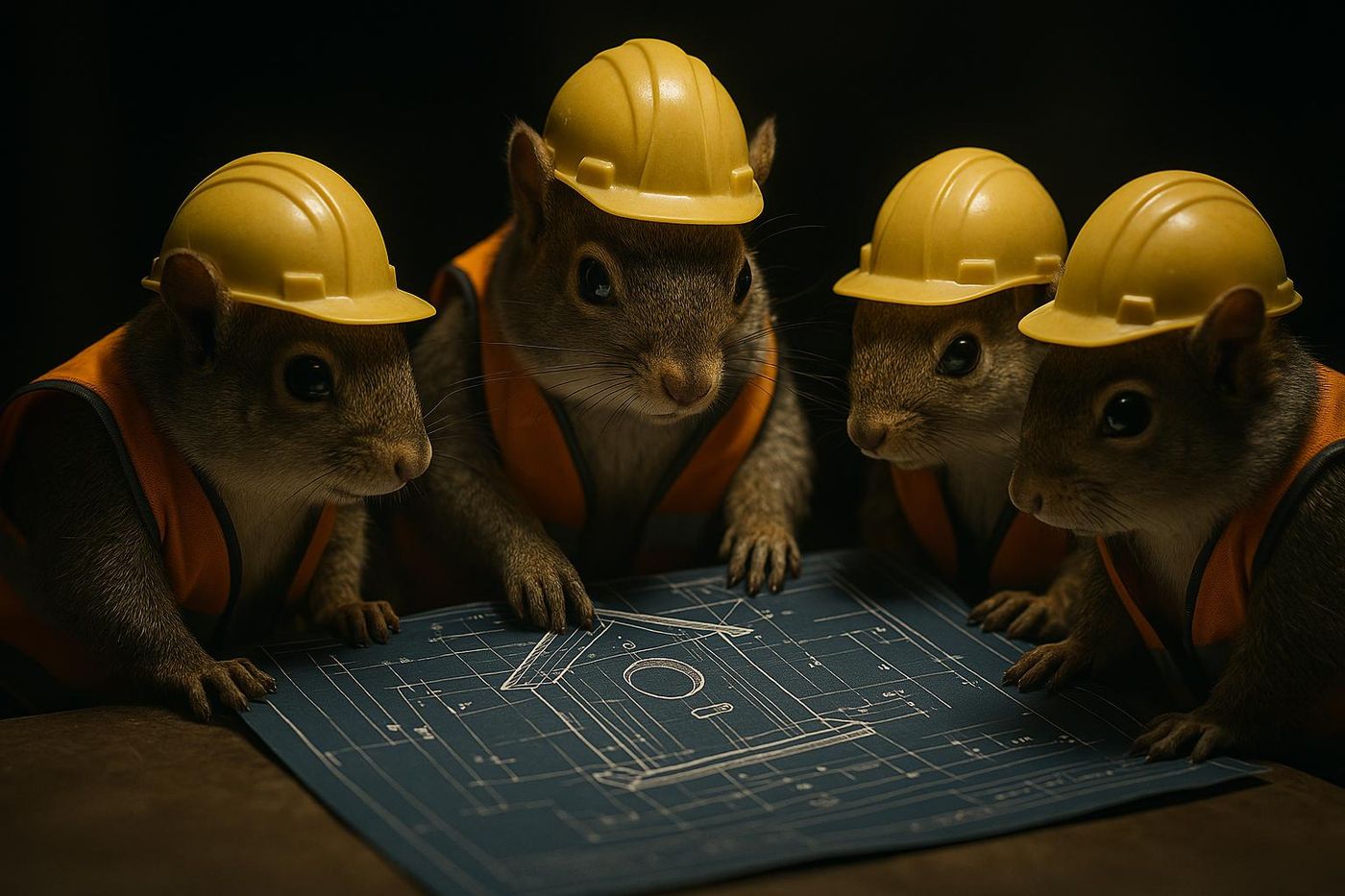 A team of squirrels in hard hats and high-visibility vests carefully reviewing a complex blueprint for a simple birdhouse.