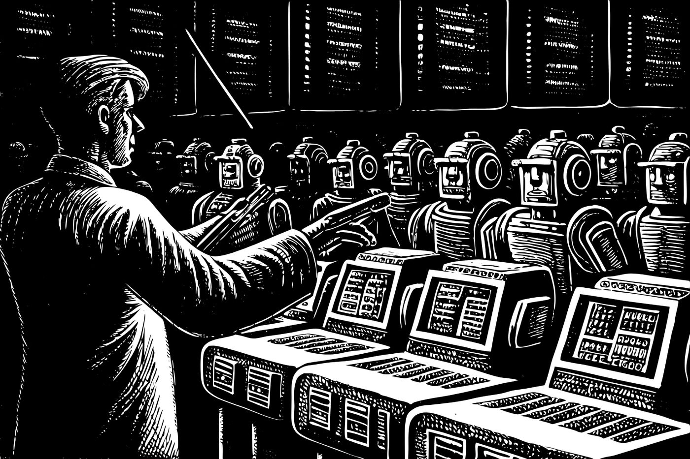 An illustration of a person and robots collaborating.